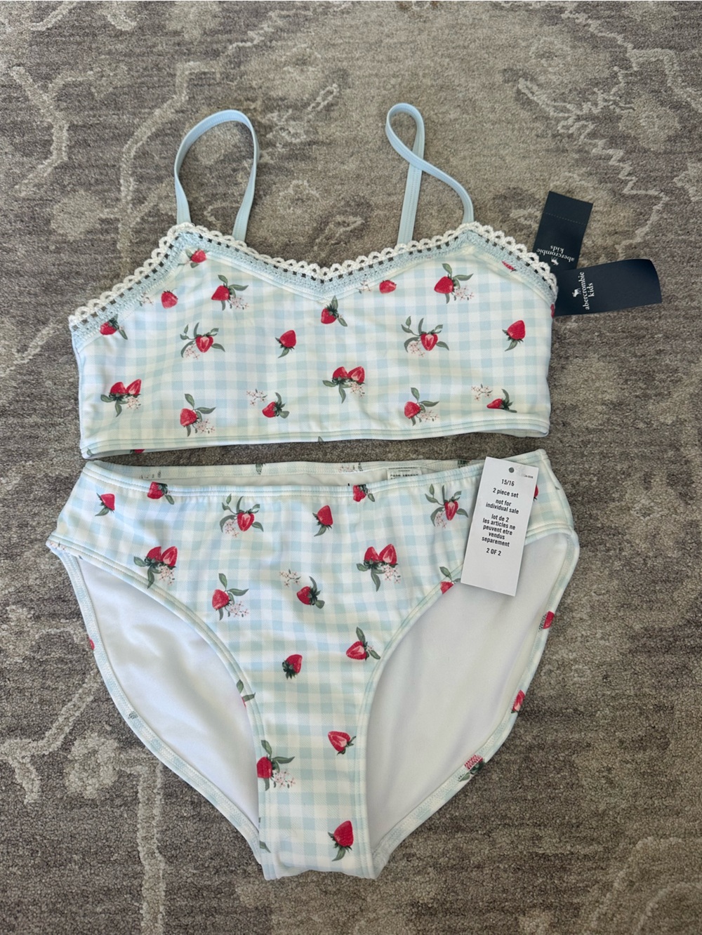 NWT Abercrombie Kids Light Blue Gingham Strawberry Bikini Set Size 15/16